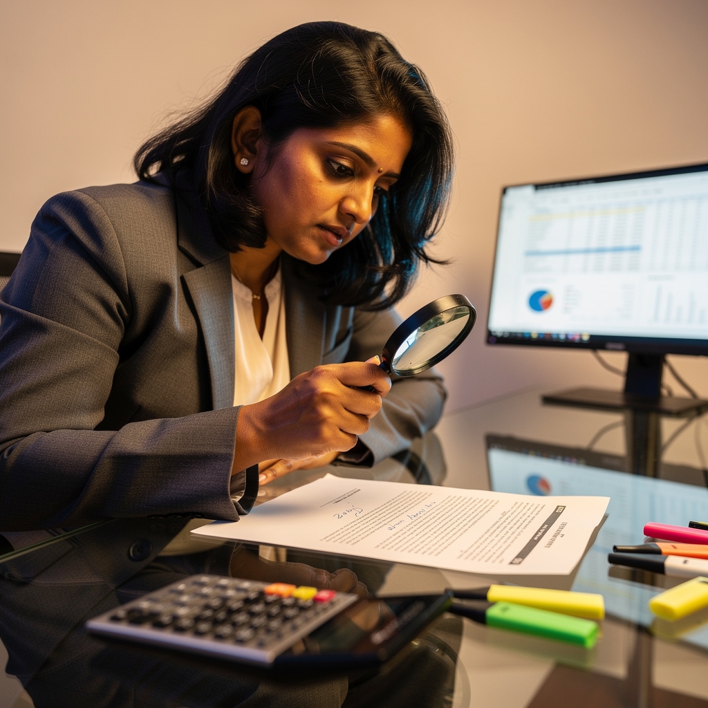 Analyse von Finanzvertrag mit Lupe auf versteckte Kosten